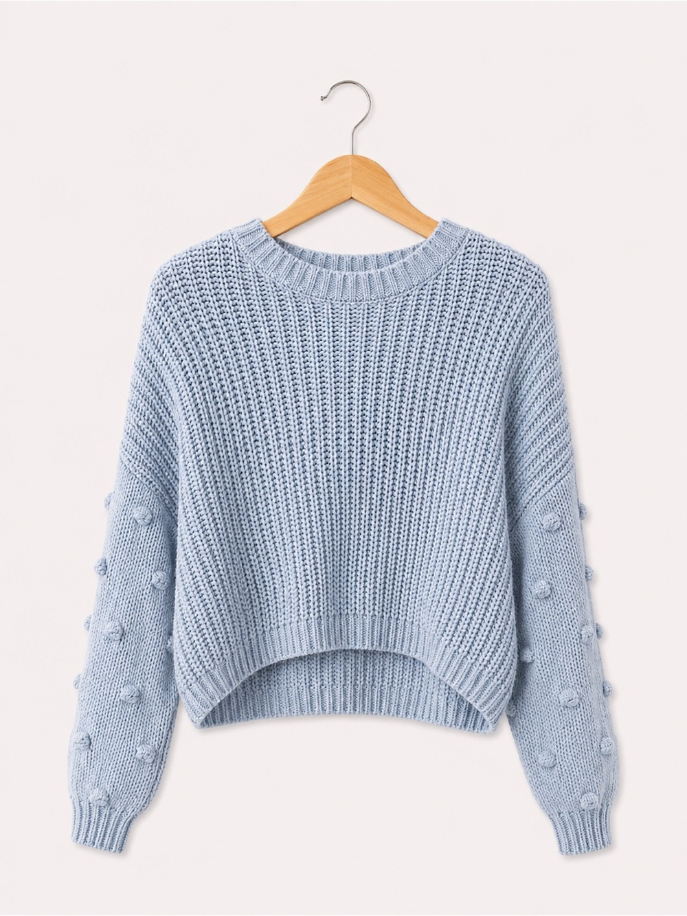 moon & madison Light Blue Pom-Pom Sleeve Crewneck Sweater Medium M